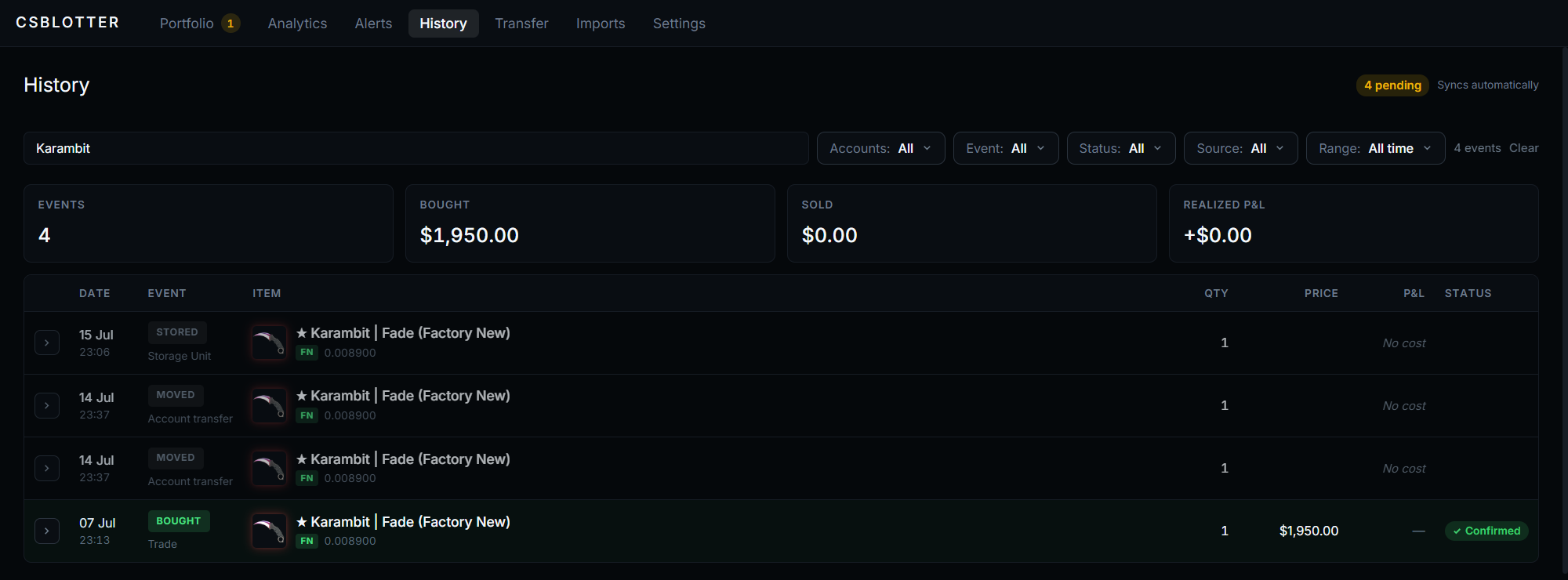 History for one Karambit: bought by trade for $1,950, moved between the user's own accounts at no cost, then stored in a Storage Unit